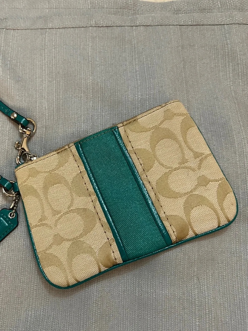 Coach Signature Stripe Wristlet (Style F49174) khaki/bright jade color combo
